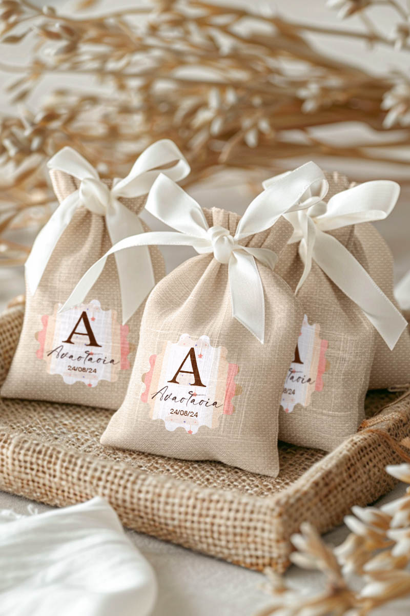 Μπομπονιέρες Βάπτισης Πουγκί σε Εκρού Χρώμα με Σχέδιο Ροζ Ουράνιο Τόξο