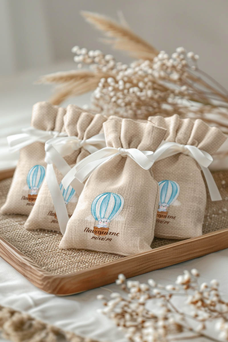 Μπομπονιέρες Βάπτισης Πουγκί σε Εκρού Χρώμα με Σχέδιο Μπλε Αερόστατο