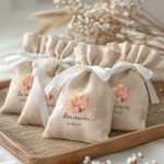 Μπομπονιέρες Βάπτισης Πουγκί σε Εκρού Χρώμα με Σχέδιο Ροζ Vintage Μπαλόνια