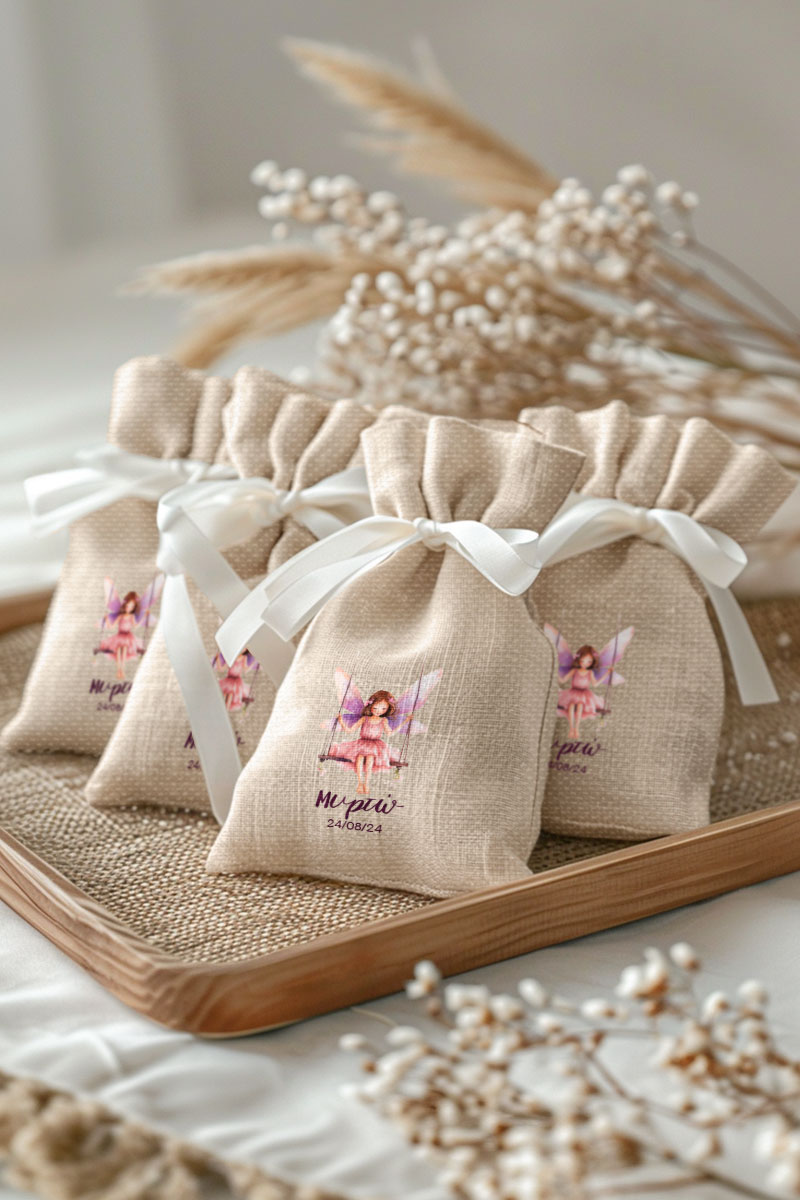 Μπομπονιέρες Βάπτισης Πουγκί σε Εκρού Χρώμα με Σχέδιο Νεράιδα σε Κούνια