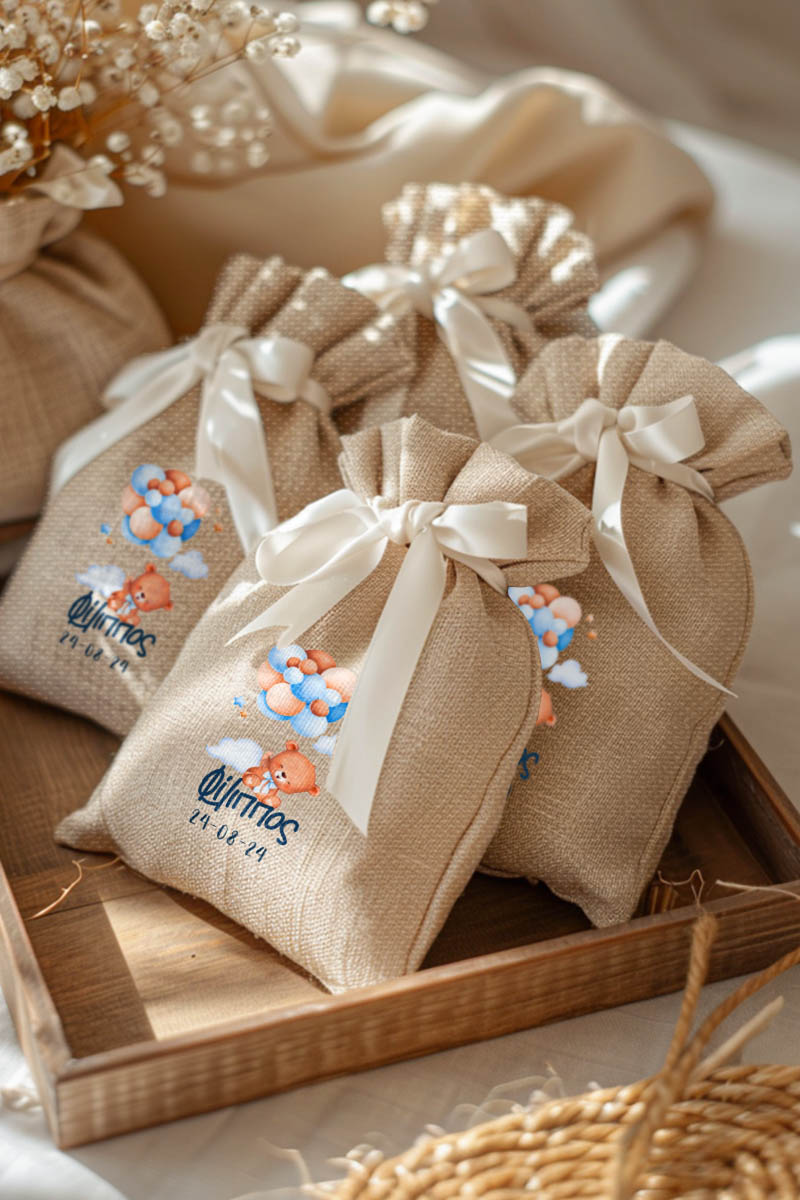 Μπομπονιέρες Βάπτισης Πουγκί σε Εκρού Χρώμα με Σχέδιο Αρκουδάκι με πολλά Μπαλόνια