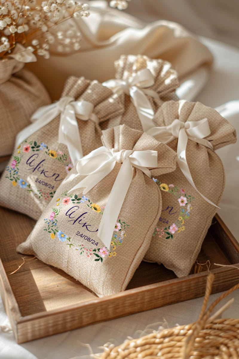 Μπομπονιέρες Βάπτισης Πουγκί σε Εκρού Χρώμα με Σχέδιο Ανοιξιάτικα Λουλουδάκια