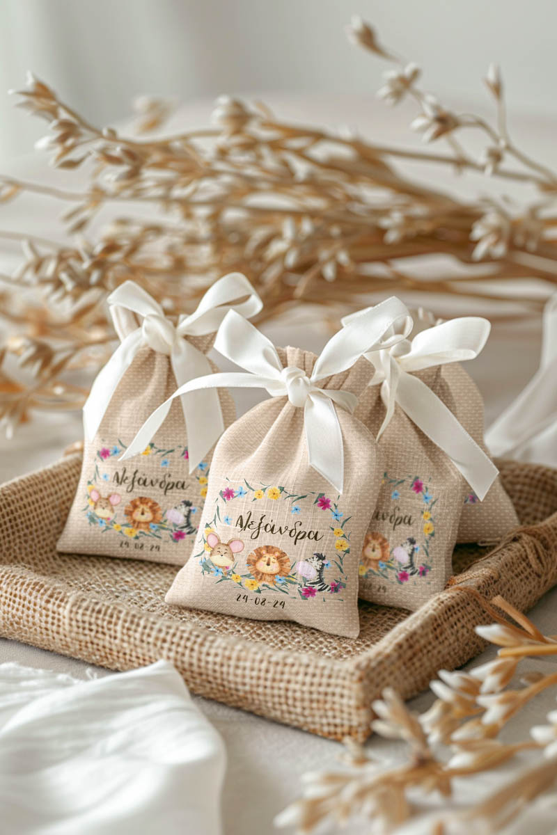 Μπομπονιέρες Βάπτισης Πουγκί σε Εκρού Χρώμα με Σχέδιο Ζωάκια Δάσους Και Ζούγκλας