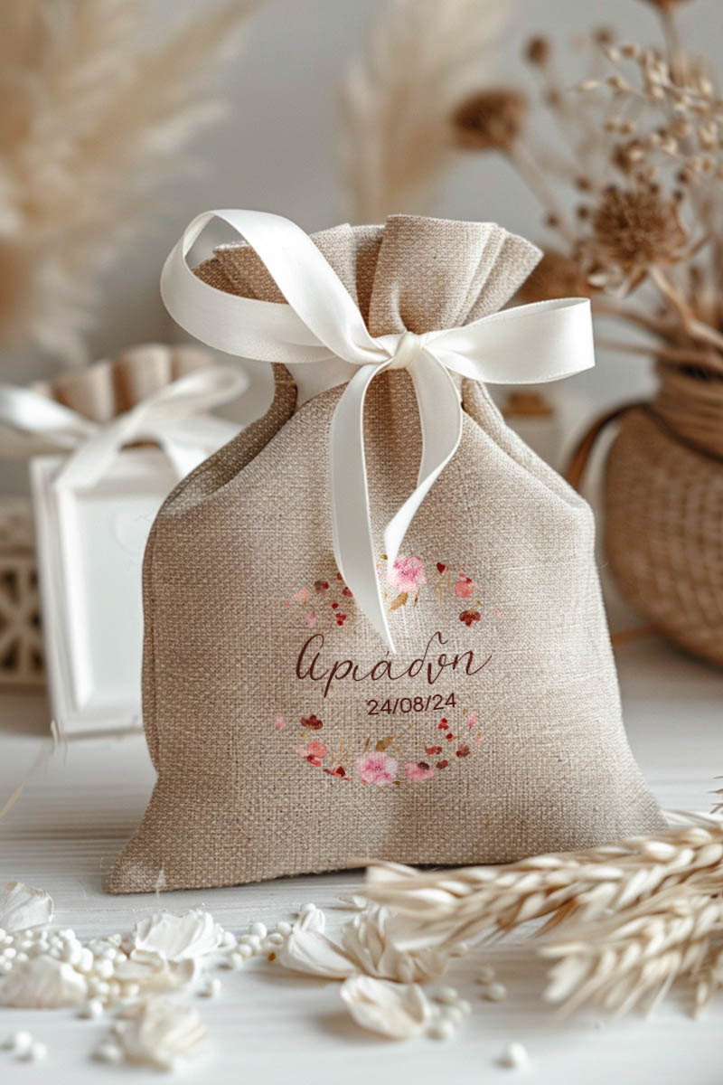 Μπομπονιέρες Βάπτισης Πουγκί σε Εκρού Χρώμα με Σχέδιο Ανοιξιάτικα Ροζ Λουλούδια