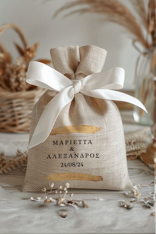 Μπομπονιέρες Γάμου Πουγκί σε Εκρού Χρώμα με Σχέδιο Χρυσές Πινελιές