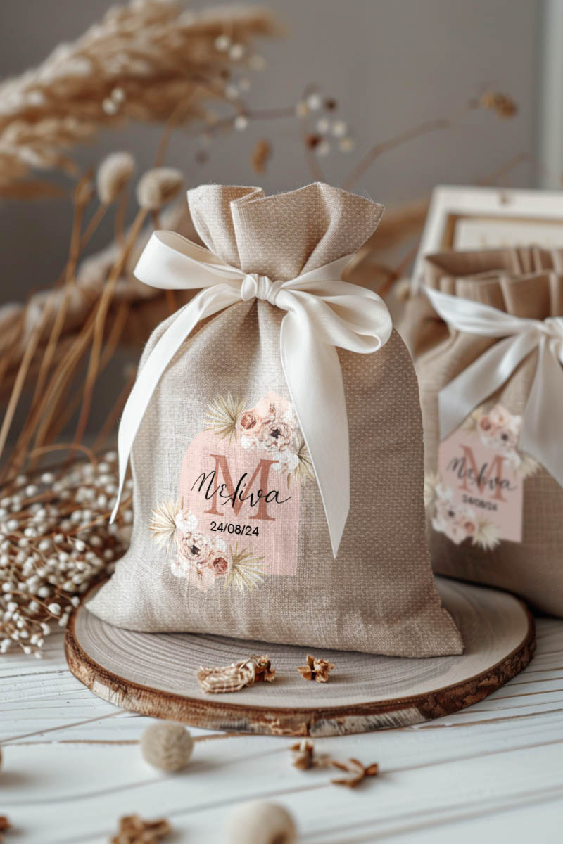 Μπομπονιέρες Βάπτισης Πουγκί σε Εκρού Χρώμα με Σχέδιο Boho Ροζ Λουλούδια