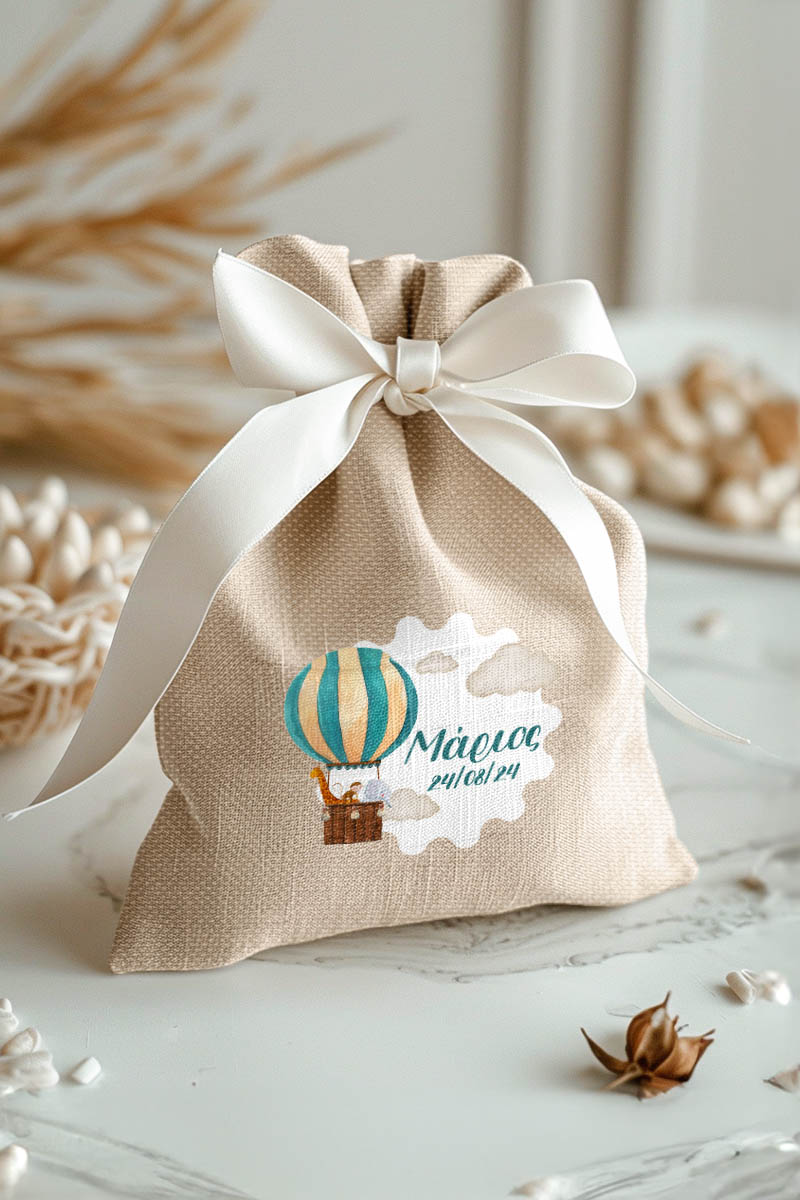 Μπομπονιέρες Βάπτισης Πουγκί σε Εκρού Χρώμα με Σχέδιο Ζωάκια στον Ουρανό