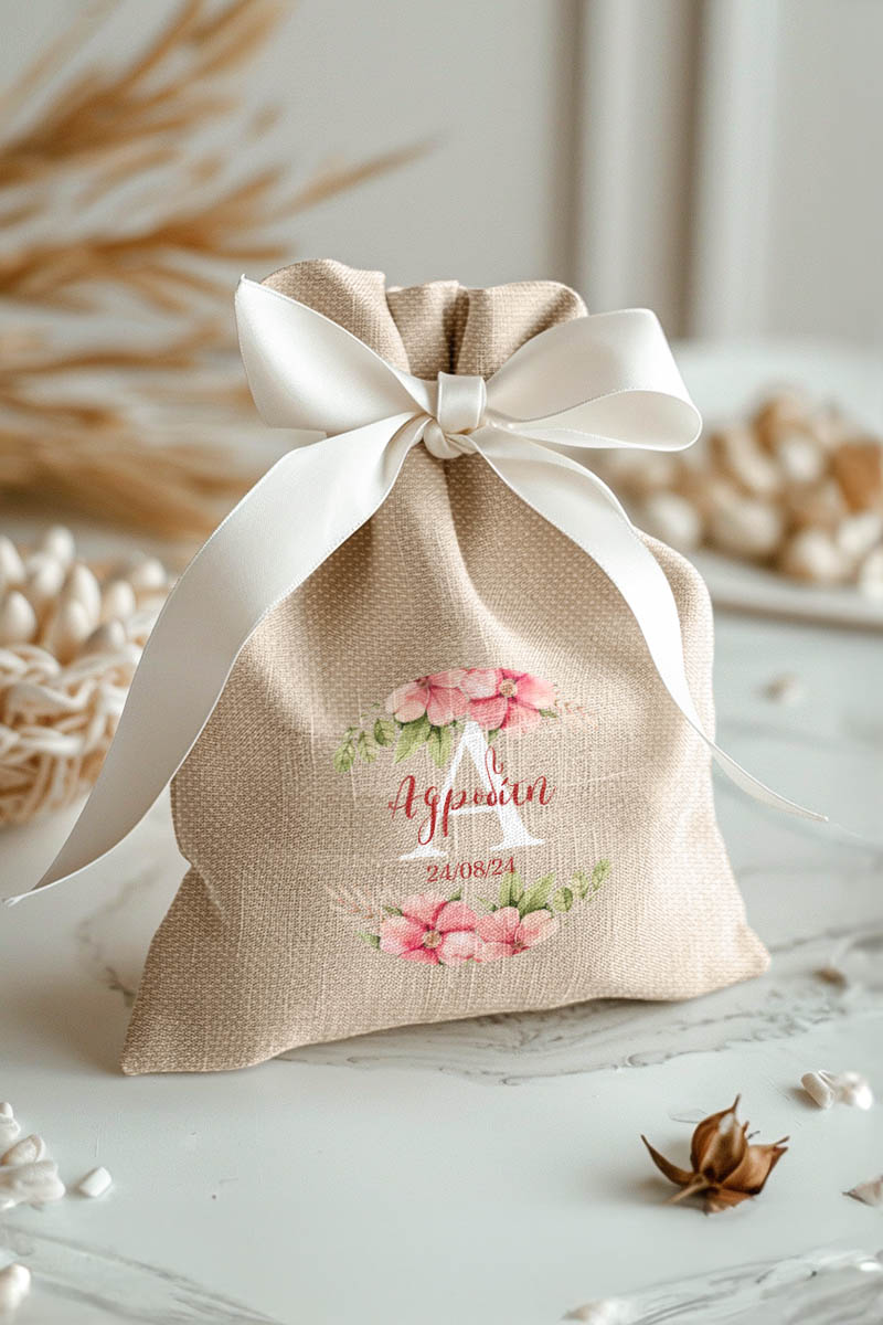 Μπομπονιέρες Βάπτισης Πουγκί σε Εκρού Χρώμα με Σχέδιο Ροζ Λουλουδάκια