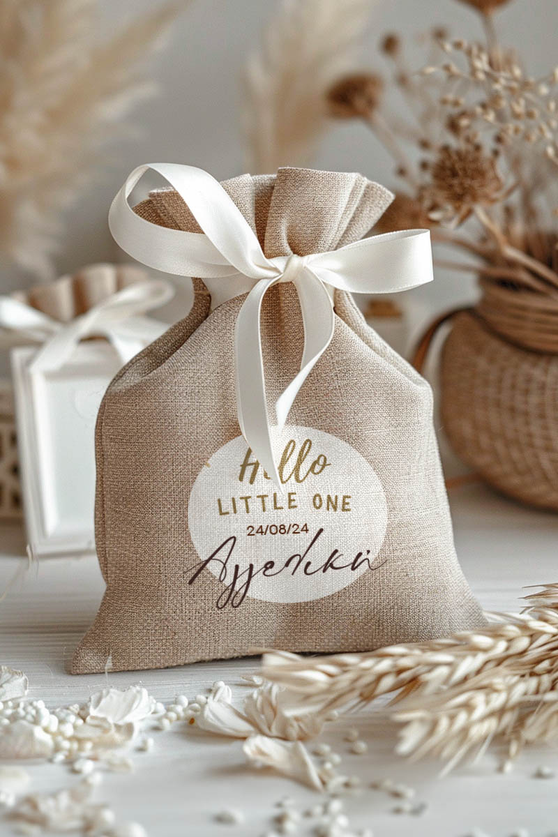 Μπομπονιέρες Βάπτισης Πουγκί σε Εκρού Χρώμα με Σχέδιο Hello Little One