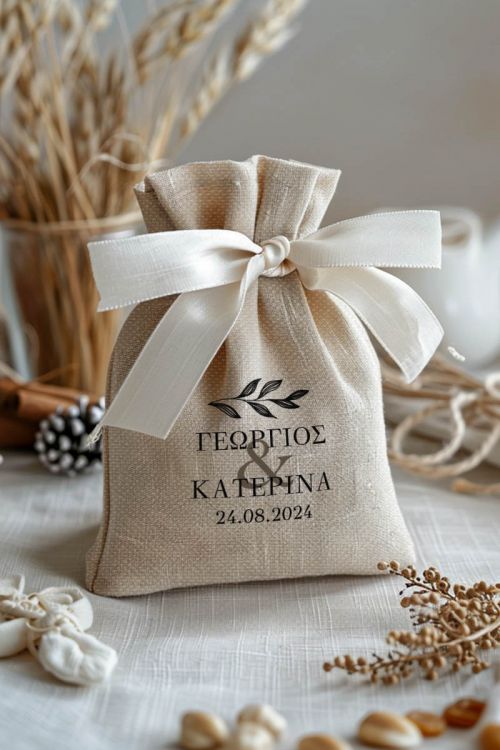 Μπομπονιέρες Γάμου Πουγκί σε Εκρού Χρώμα με Σχέδιο Κλαδί Ελιάς
