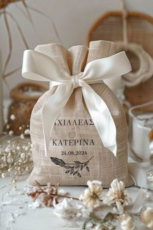 Μπομπονιέρες Γάμου Πουγκί σε Εκρού Χρώμα με Σχέδιο Minimal Ύφος