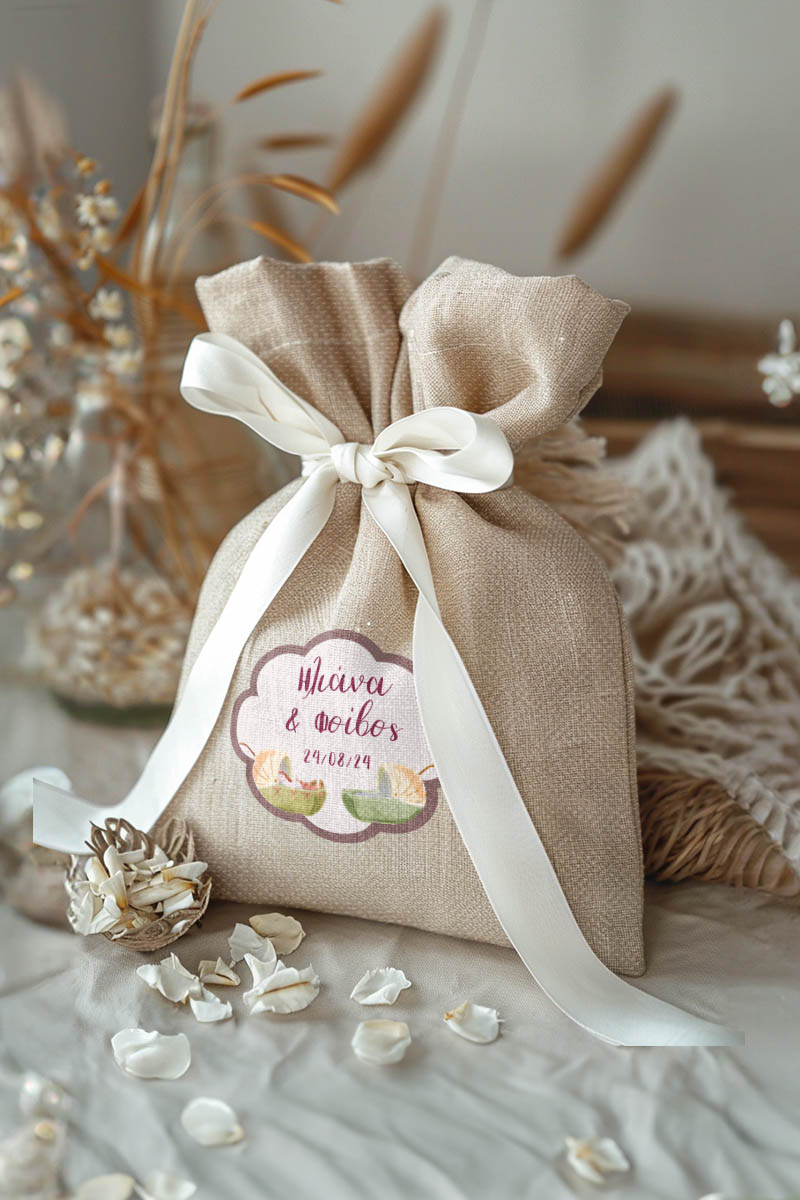 Μπομπονιέρες Βάπτισης Πουγκί σε Εκρού Χρώμα με Σχέδιο Δίδυμα Καροτσάκια