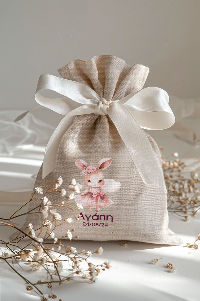 Μπομπονιέρες Βάπτισης Πουγκί σε Εκρού Χρώμα με Σχέδιο Ροζ Λαγουδάκι