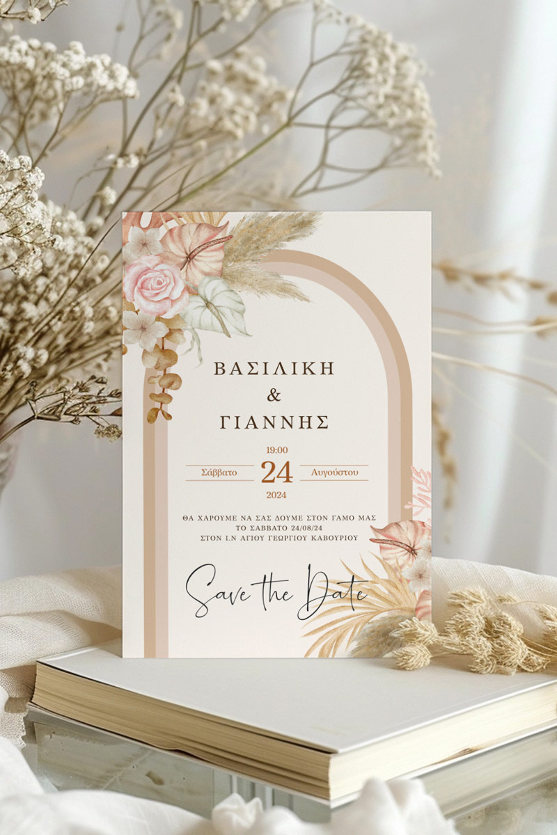 Προσκλητήρια Γάμου με σχέδιο Boho Ανθοδέσμη