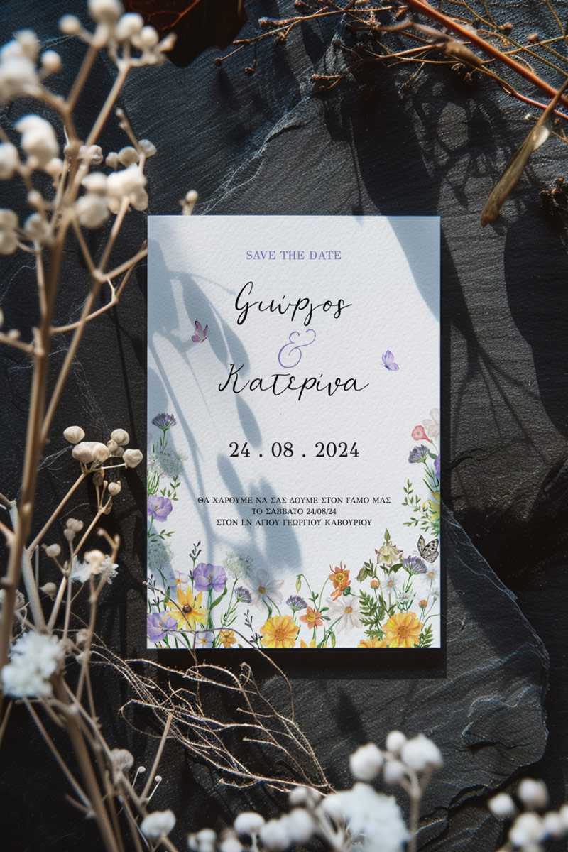 Προσκλητήρια Γάμου με σχέδιο Χρωματιστά Λουλούδια