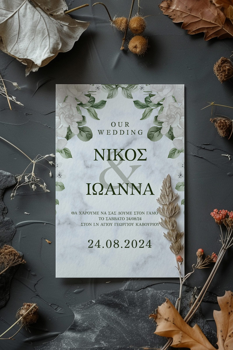Προσκλητήρια Γάμου με σχέδιο Λευκή Ανθοδέσμη