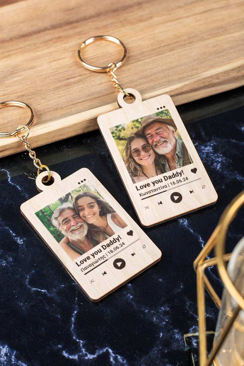 Σετ 2 Ξύλινων Μπρελόκ Κλειδιών με Φωτογραφία για Πατέρα