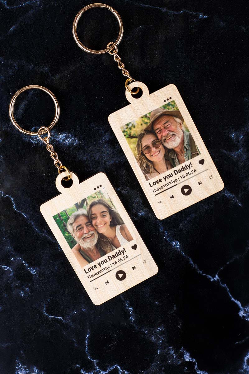 Σετ 2 Ξύλινων Μπρελόκ Κλειδιών με Φωτογραφία για Πατέρα