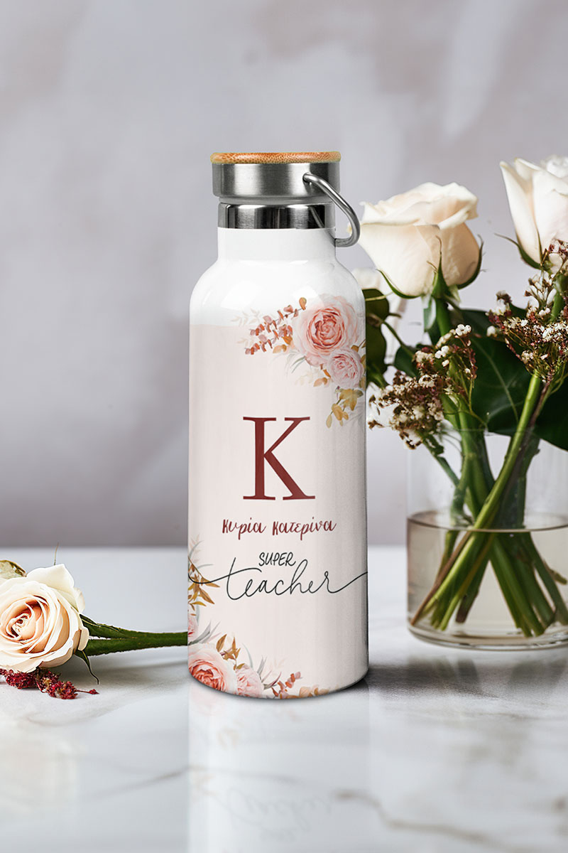 Μπουκάλι Θερμός Ανοξείδωτo με Σχέδιο Pink Flowers