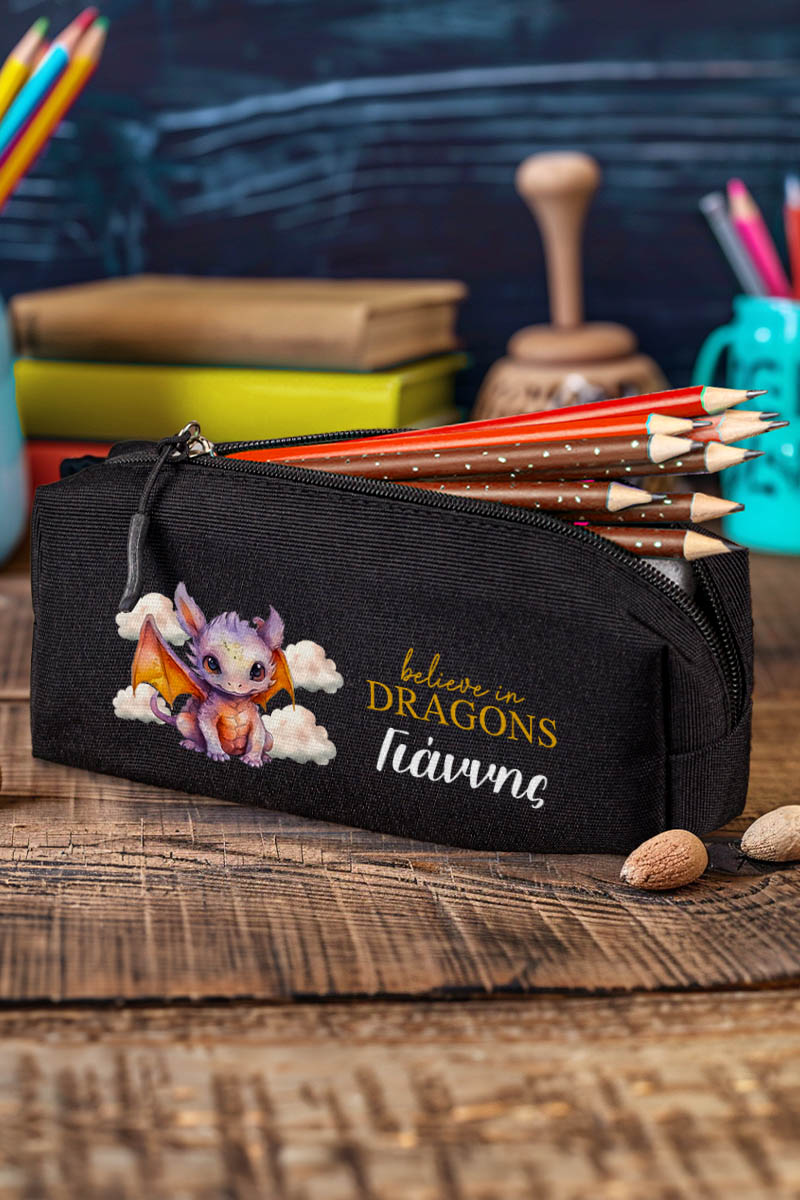 Σχολική Κασετίνα με Όνομα, σε Μαύρο Χρώμα & Σχέδιο Δράκος