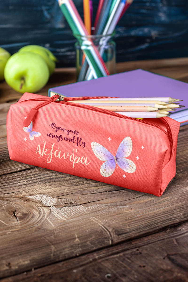 Σχολική Κασετίνα με Όνομα, σε Κοραλί Χρώμα & Σχέδιο Πεταλούδες
