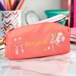 Σχολική Κασετίνα με Όνομα, σε Κοραλί Χρώμα & Σχέδιο Μπαλαρίνα