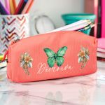 Σχολική Κασετίνα με Όνομα, σε Κοραλί Χρώμα & Σχέδιο Ανθοί