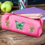 Σχολική Κασετίνα με Όνομα, σε Φούξια Χρώμα & Σχέδιο Ανθοί