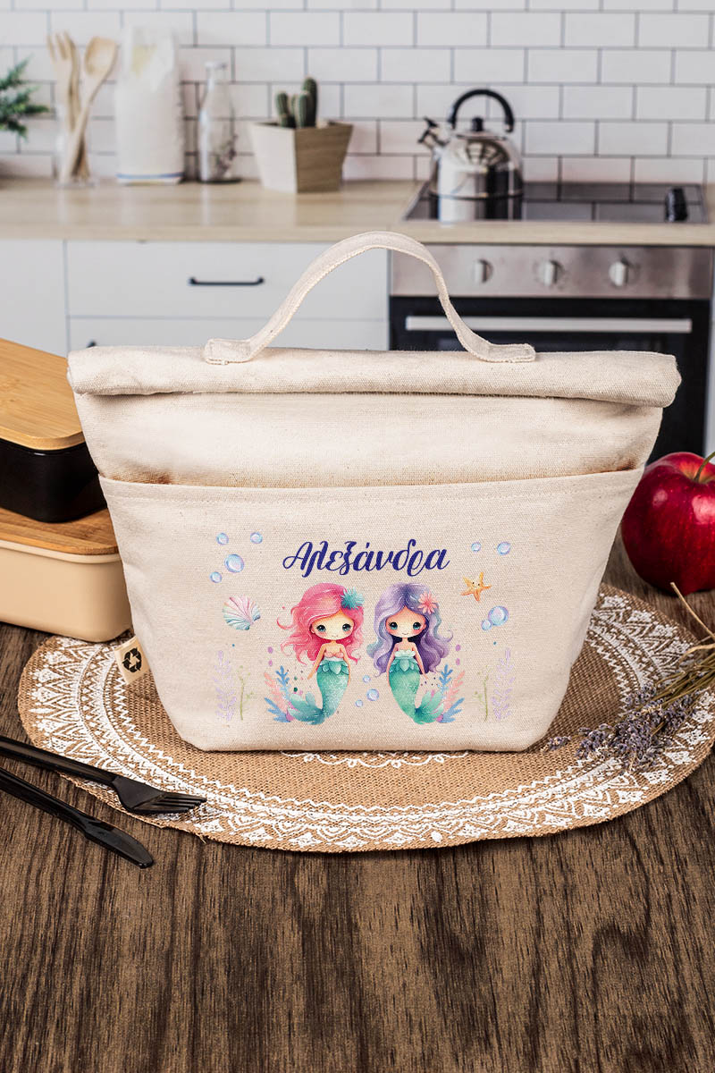 Ισοθερμικό Τσαντάκι Φαγητού Παιδικό με Όνομα, Twin Mermaids