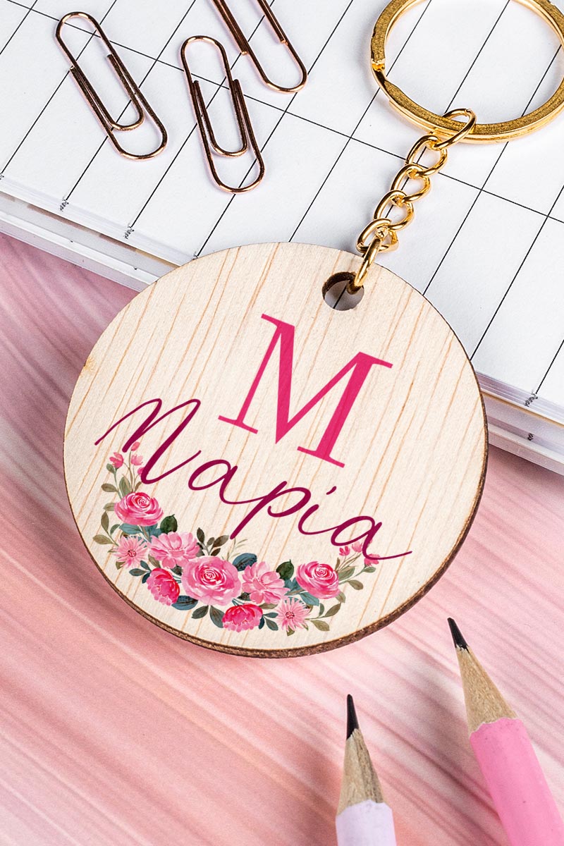Προσωποποιημένο Μπρελόκ Παιδικό Ξύλινο με Όνομα, Roses