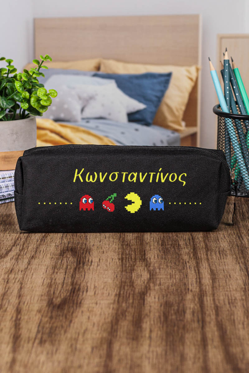 Σχολική Κασετίνα με Όνομα, σε Μαύρο Χρώμα & Σχέδιο Pacman
