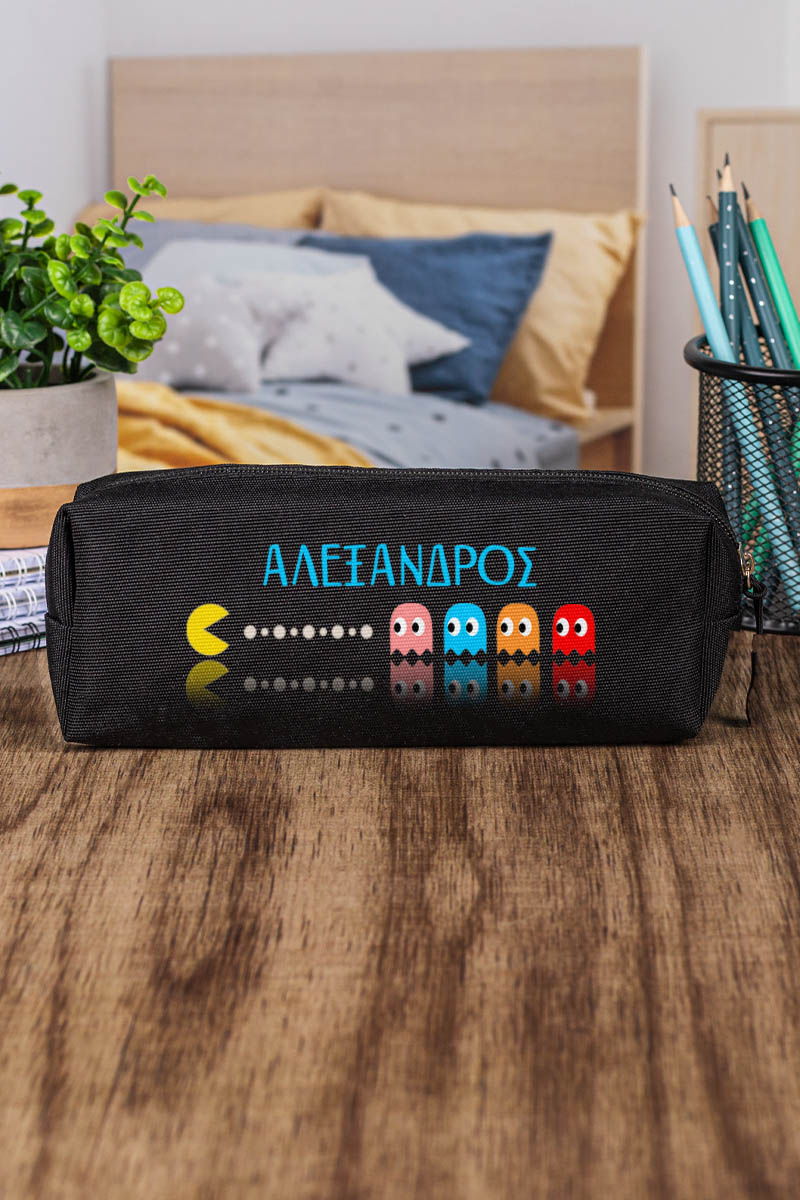 Σχολική Κασετίνα με Όνομα, σε Μαύρο Χρώμα & Σχέδιο Πακμαν