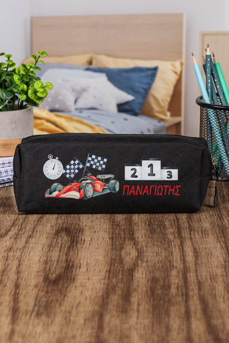 Σχολική Κασετίνα με Όνομα, σε Μαύρο Χρώμα & Σχέδιο Race
