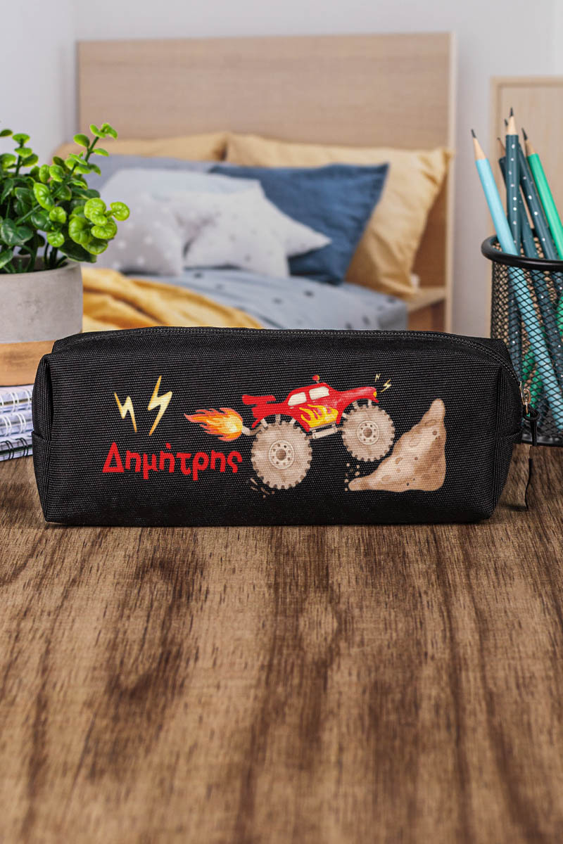 Σχολική Κασετίνα με Όνομα, σε Μαύρο Χρώμα & Σχέδιο Truck