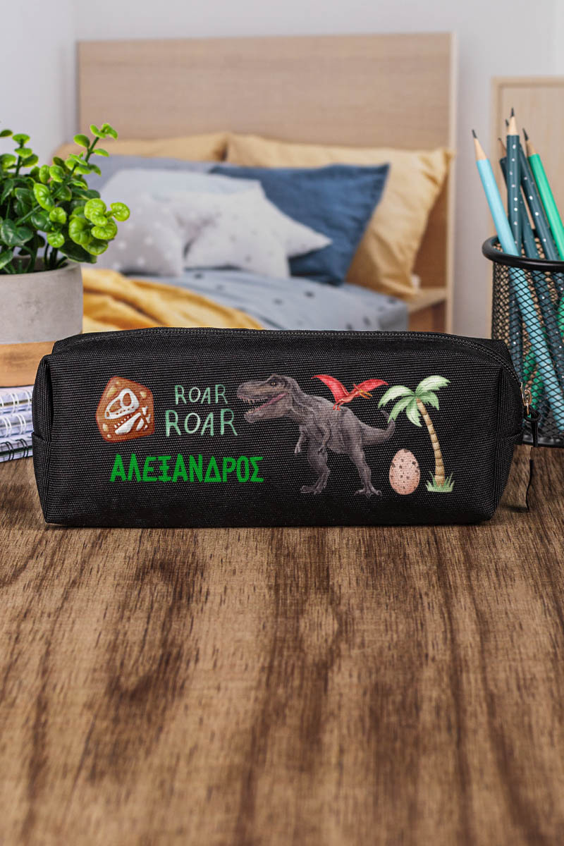 Σχολική Κασετίνα με Όνομα, σε Μαύρο Χρώμα & Σχέδιο Dino