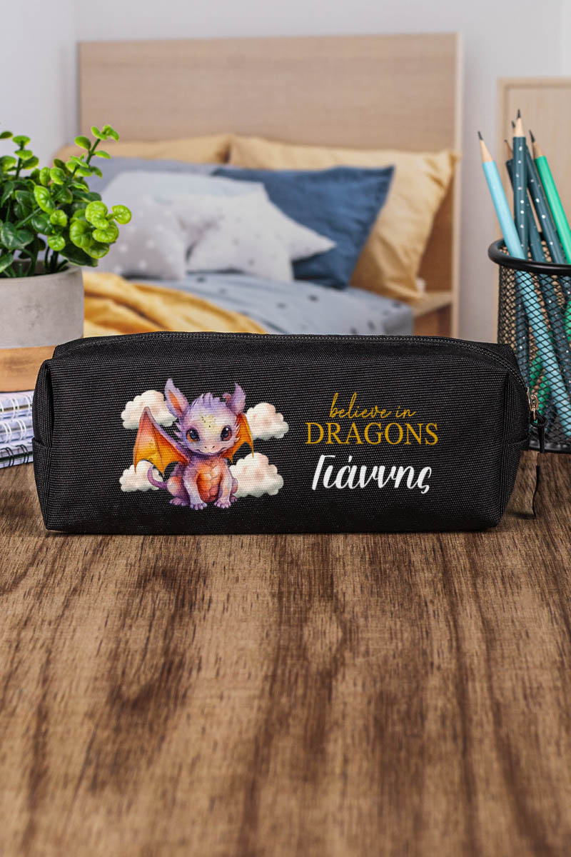 Σχολική Κασετίνα με Όνομα, σε Μαύρο Χρώμα & Σχέδιο Δράκος