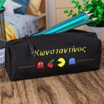 Σχολική Κασετίνα με Όνομα, σε Μαύρο Χρώμα & Σχέδιο Pacman