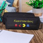Σχολική Κασετίνα με Όνομα, σε Μαύρο Χρώμα & Σχέδιο Pacman