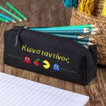 Σχολική Κασετίνα με Όνομα, σε Μαύρο Χρώμα & Σχέδιο Pacman
