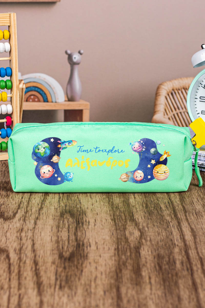 Σχολική Κασετίνα με Όνομα, σε Πετρόλ Χρώμα & Σχέδιο Διάστημα