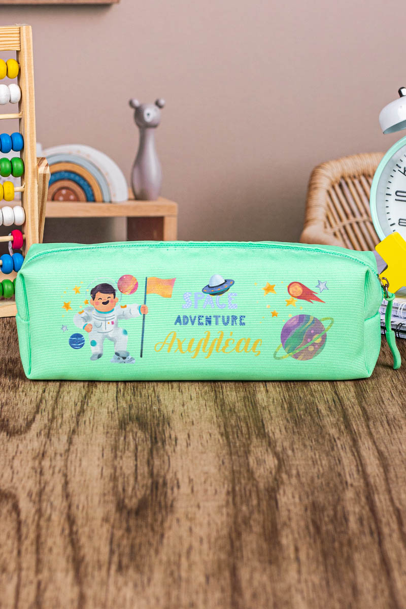 Σχολική Κασετίνα με Όνομα, σε Πετρόλ Χρώμα & Σχέδιο Space