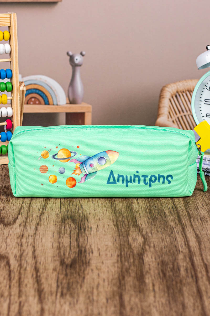 Σχολική Κασετίνα με Όνομα, σε Πετρόλ Χρώμα & Σχέδιο Πύραυλος