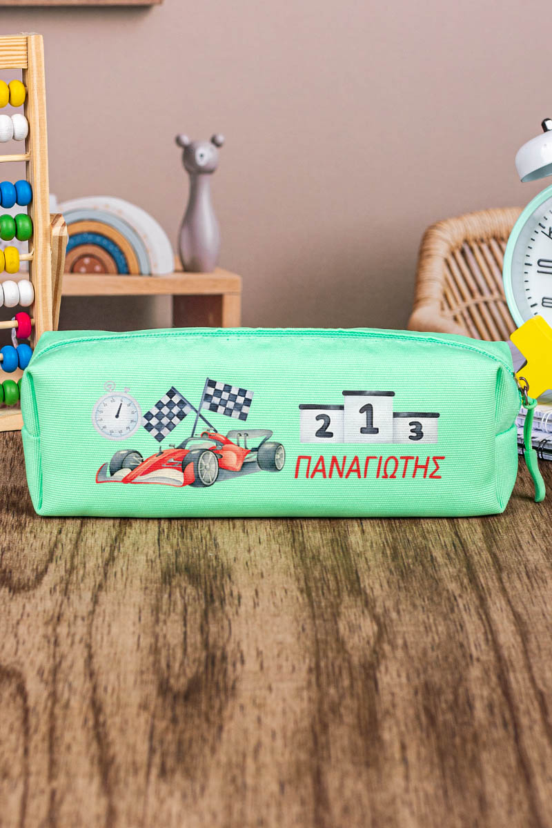Σχολική Κασετίνα με Όνομα, σε Πετρόλ Χρώμα & Σχέδιο Race