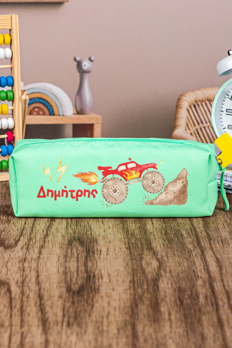 Σχολική Κασετίνα με Όνομα, σε Πετρόλ Χρώμα & Σχέδιο Truck
