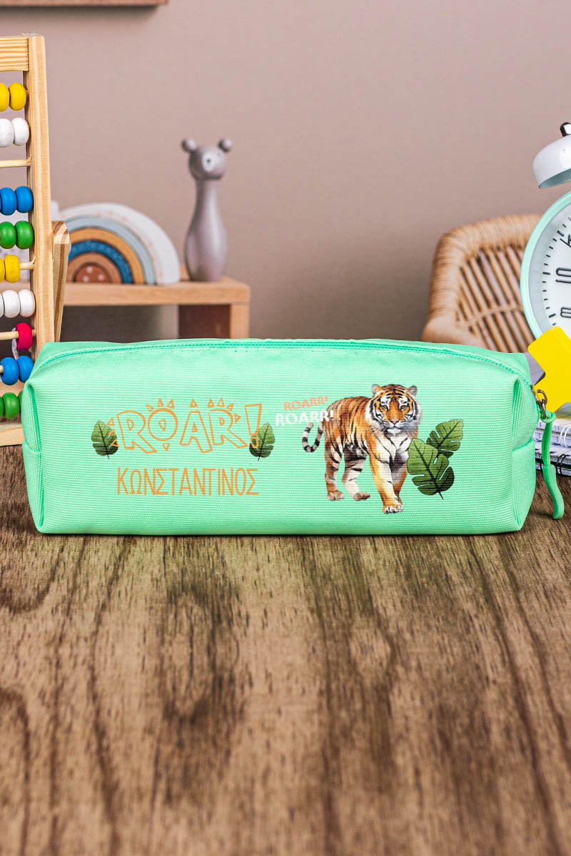 Σχολική Κασετίνα με Όνομα, σε Πετρόλ Χρώμα & Σχέδιο Τίγρης