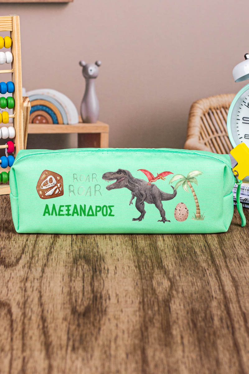 Σχολική Κασετίνα με Όνομα, σε Πετρόλ Χρώμα & Σχέδιο Dino