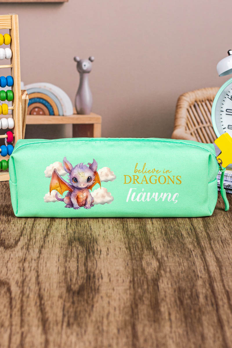 Σχολική Κασετίνα με Όνομα, σε Πετρόλ Χρώμα & Σχέδιο Δράκος