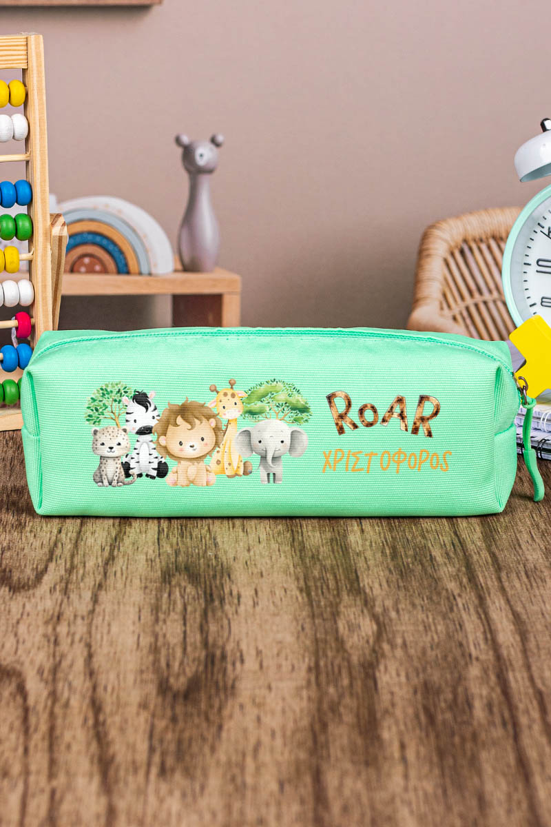 Σχολική Κασετίνα με Όνομα, σε Πετρόλ Χρώμα & Σχέδιο Ζούγκλα