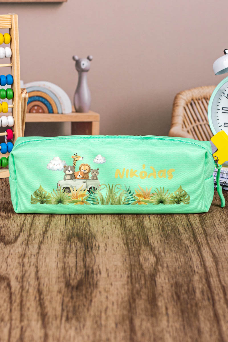 Σχολική Κασετίνα με Όνομα, σε Πετρόλ Χρώμα & Σχέδιο Σαφάρι