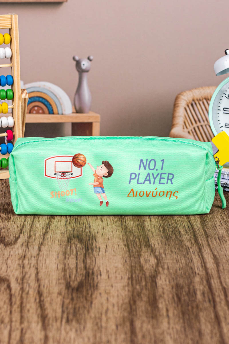 Σχολική Κασετίνα με Όνομα, σε Πετρόλ Χρώμα & Σχέδιο Μπάσκετ